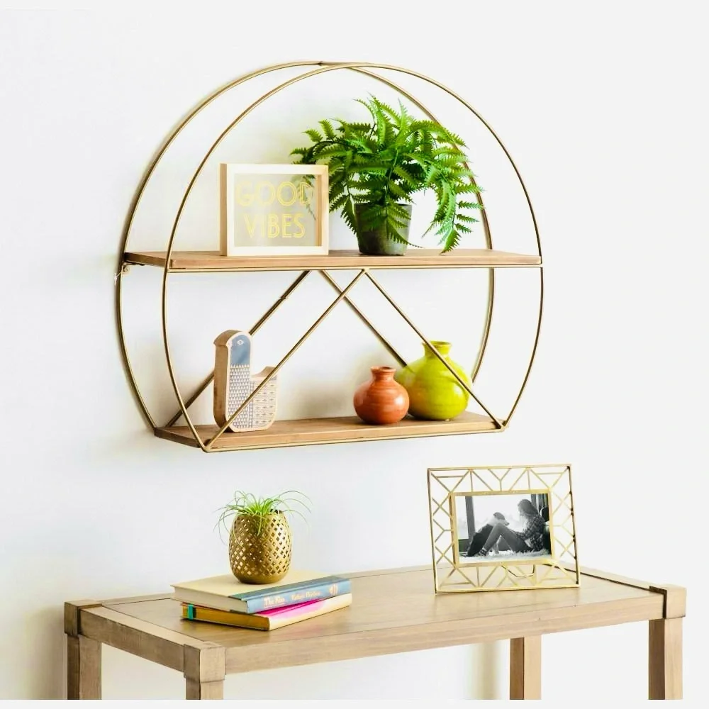 Kate and Laurel Delmar Wood and Gold Metal Geometric Floating Wall Shelf